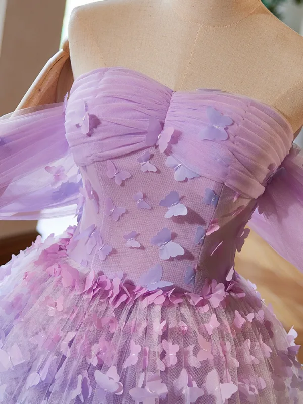 Blumenfee Lavendel Schmetterling Ballkleider 2024 Ballkleid Off Shoulder Ärmellos Rückenfreies Lange Ball Festliche Kleider