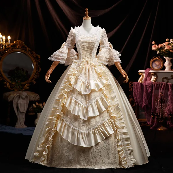 Medieval Vintage / Retro Champagne Lace Flower Ruffle Prom Dresses 2025 Ball Gown Square Neckline Bell sleeves Floor-Length / Long Prom Formal Dresses