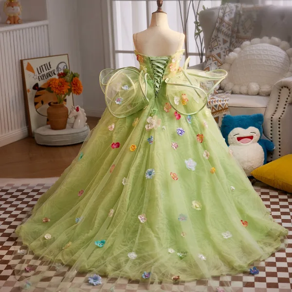 Flower Fairy Sage Green Multi-Colors Appliques Birthday Flower Girl Dresses 2025 Ball Gown Spaghetti Straps Sleeveless Backless Sweep Train