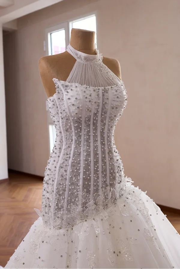 Luxury / Gorgeous White Handmade  Beading Pearl Rhinestone Lace Flower Wedding Dresses 2026 Trumpet / Mermaid Halter Sleeveless Backless Court Train