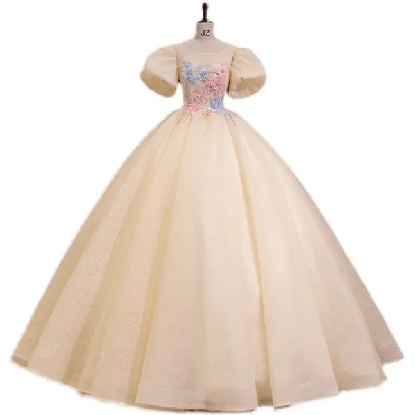 Elegant Champagne Pearl Lace Flower Prom Dresses 2022 Ball Gown Scoop Neck Puffy Short Sleeve Backless Floor-Length / Long Formal Dresses