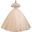 Elegant Champagne Pearl Lace Flower Prom Dresses 2022 Ball Gown Scoop Neck Puffy Short Sleeve Backless Floor-Length / Long Formal Dresses