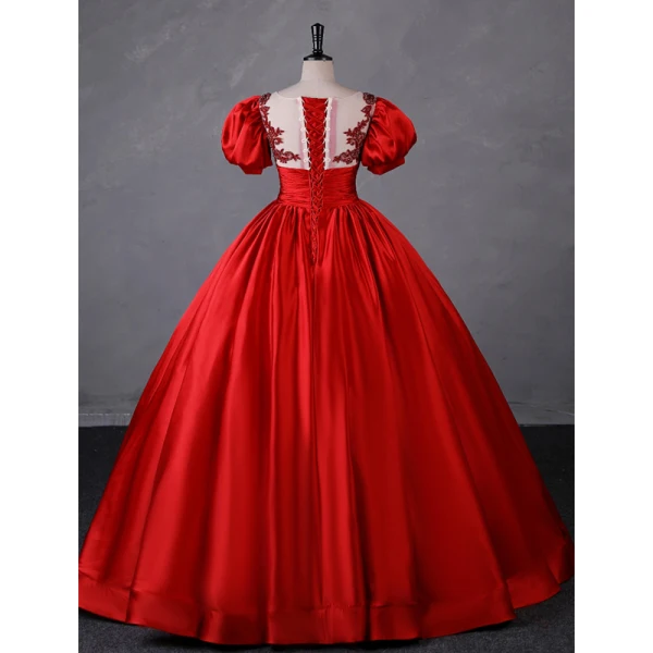 Élégant Rouge Perlage En Dentelle Fleur Robe De Bal 2023 Robe Boule Satin Encolure Dégagée Gonflée Manches Courtes Dos Nu Longue Promo Robe De Ceremonie