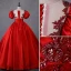 Élégant Rouge Perlage En Dentelle Fleur Robe De Bal 2023 Robe Boule Satin Encolure Dégagée Gonflée Manches Courtes Dos Nu Longue Promo Robe De Ceremonie
