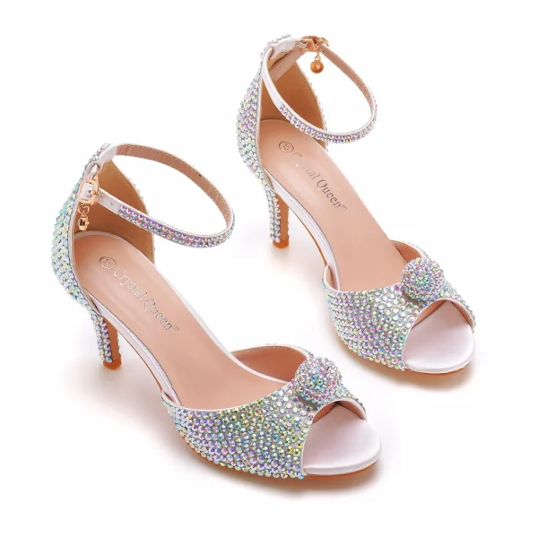 Sexy Multi-Couleurs Faux Diamant Soirée Sandales Femme 2023 Bride Cheville 7 cm Talons Aiguilles Peep Toes / Bout Ouvert Sandales Talons Hauts