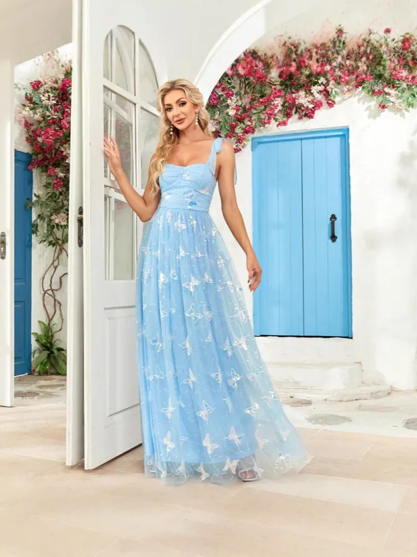 Mode Bleu Ciel Paillettes Papillon Robe De Bal 2025 Princesse Bretelles Spaghetti Sans Manches Dos Nu Longue Promo Robe De Ceremonie