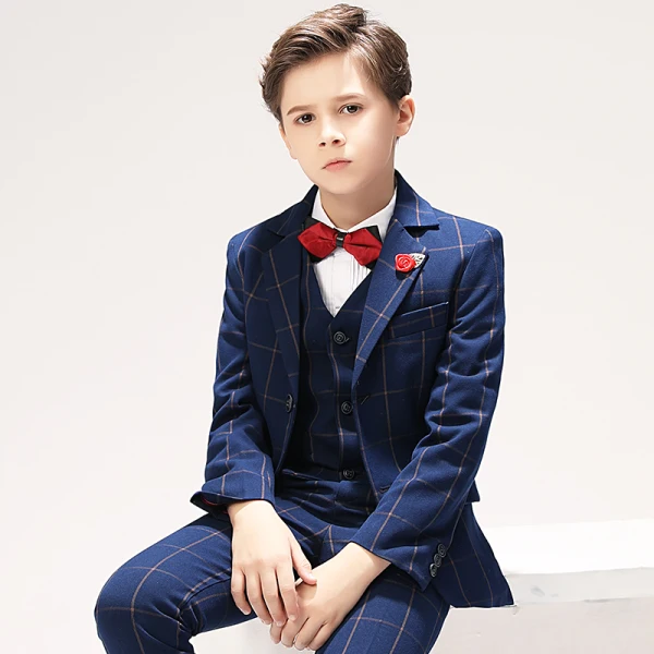 Navy Blue Stripe Long Sleeve Boys Wedding Suits 2022 Body Jewellery Coat Pants Shirt Tie Vest Wedding