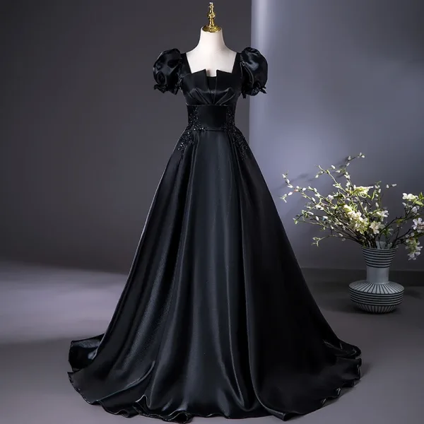 Elegant Black Beading Sequins Lace Flower Prom Dresses 2025 Ball Gown Square Neckline Puffy Short Sleeve Floor-Length / Long Prom Formal Dresses