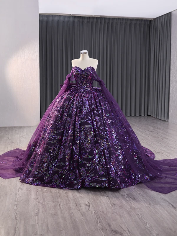 Sparkly Vintage Purple Paljetter Ballkjoler 2024 Ballkjole Kjæreste Uten Ermer Ryggløse Sløyfe Domstol Tog Ball Formelle Kjoler