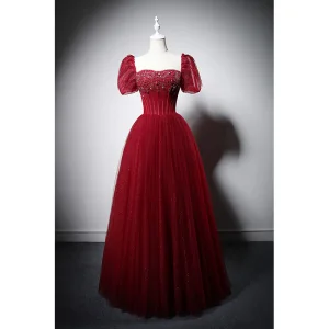 Élégant Bordeaux Fait Main Perlage Faux Diamant Paillettes Robe De Bal 2022 Princesse Encolure Carrée Manches Courtes Dos Nu Longue Promo Robe De Ceremonie