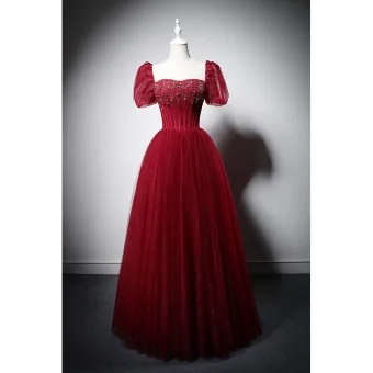 Elegant Burgundy Handmade Beading Rhinestone Sequins Prom Dresses 2022 A Line Princess Square Neckline Short Sleeve Backless Floor Length Long Prom Formal Dresses