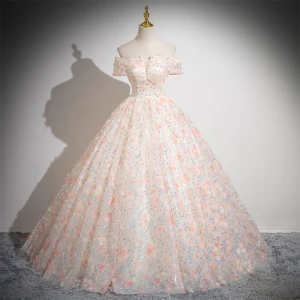 Chic Belle Rougissant Rose Paillettes Appliques Robe De Bal 2024 Robe Boule De L Épaule Sans Manches Dos Nu Longue Promo Robe De Ceremonie