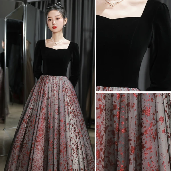 Elegant Black Evening Dresses 2023 A-Line / Princess Square Neckline Long Sleeve Backless Floor-Length / Long Evening Party Formal Dresses