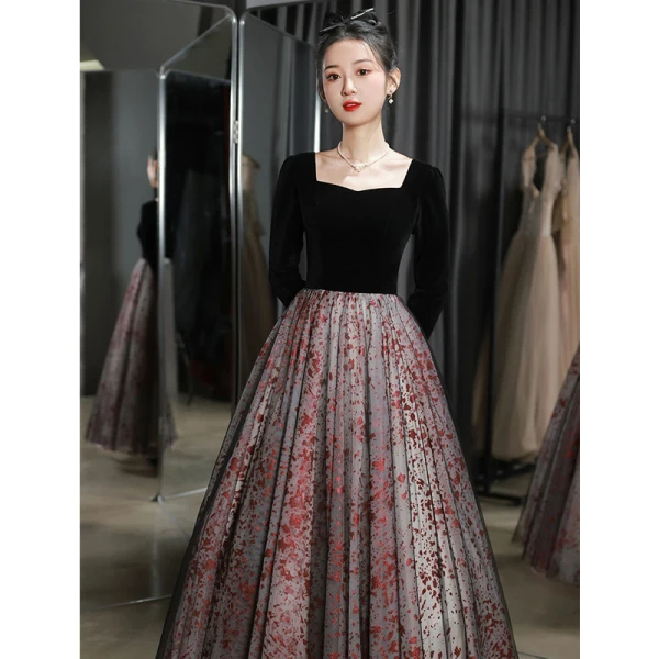 Elegant Black Evening Dresses 2023 A-Line / Princess Square Neckline Long Sleeve Backless Floor-Length / Long Evening Party Formal Dresses