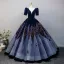 Elegant Navy Blue Sequins Prom Dresses 2025 Ball Gown V-Neck Short Sleeve Backless Floor-Length / Long Prom Formal Dresses