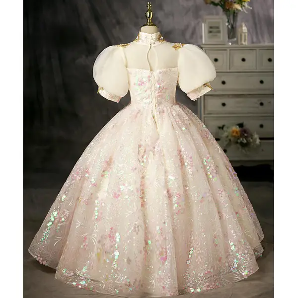 Charming Blushing Pink Beading Sequins Birthday Flower Girl Dresses 2022 Ball Gown High Neck Puffy Short Sleeve Floor-Length / Long Flower Girl Dresses