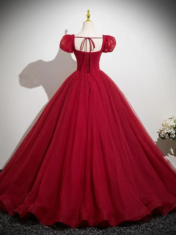 Flower Fairy Burgundy Appliques Prom Dresses 2025 Ball Gown Square Neckline Puffy Short Sleeve Backless Floor-Length / Long Formal Dresses