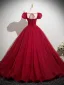 Flower Fairy Burgundy Appliques Prom Dresses 2025 Ball Gown Square Neckline Puffy Short Sleeve Backless Floor-Length / Long Formal Dresses