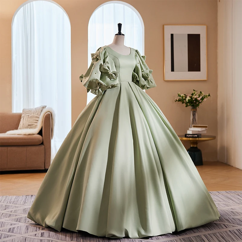 Elegant Sage Green Satin Prom Dresses 2023 Ball Gown Scoop Neck Puffy Short Sleeve Pearl