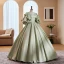 Elegant Sage Green Satin Prom Dresses 2023 Ball Gown Scoop Neck Puffy Short Sleeve Pearl Bow Backless Floor-Length / Long Prom Formal Dresses