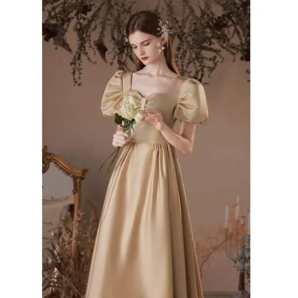 Modest / Simple Champagne Gold Satin Prom Dresses 2022 A-Line / Princess Square Neckline Pearl Puffy Short Modest / Simple Champagne Gold Satin Prom Dresses 2022 A-Line / Princess Square Neckline Pearl Puffy Short