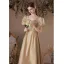 Modest / Simple Champagne Gold Satin Prom Dresses 2022 A-Line / Princess Square Neckline Pearl Puffy Short Sleeve Backless Floor-Length / Long Formal Dresses