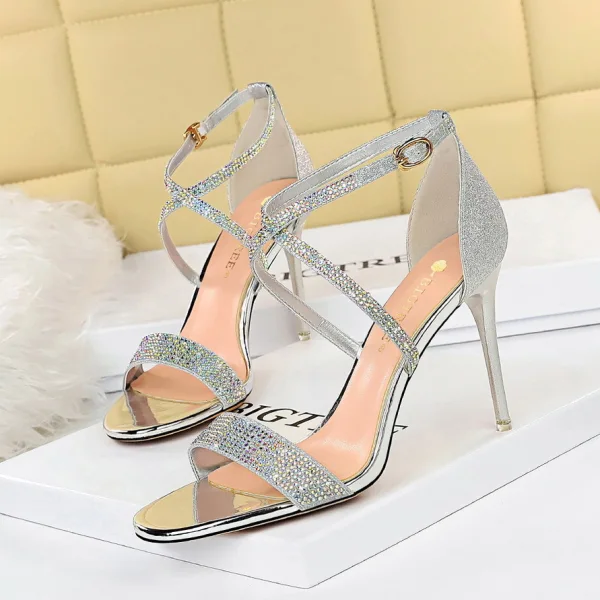 Sexy Black Rhinestone Sequins Evening Party Womens Shoes 2022 X-Strap 9 cm Stiletto Heels Open / Peep Toe Sandals High Heels