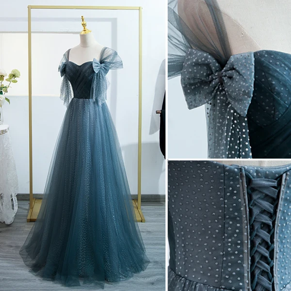 Chic / Beautiful Ink Blue Prom Dresses 2022 A-Line / Princess Off-The-Shoulder Puffy Short Sleeve Backless Bow Floor-Length / Long Formal Dresses