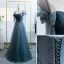 Chic / Beautiful Ink Blue Prom Dresses 2022 A-Line / Princess Off-The-Shoulder Puffy Short Sleeve Backless Bow Floor-Length / Long Formal Dresses