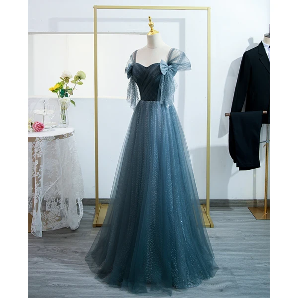 Chic / Beautiful Ink Blue Prom Dresses 2022 A-Line / Princess Off-The-Shoulder Puffy Short Sleeve Backless Bow Floor-Length / Long Formal Dresses