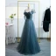 Chic / Beautiful Ink Blue Prom Dresses 2022 A-Line / Princess Off-The-Shoulder Puffy Short Sleeve Backless Bow Floor-Length / Long Formal Dresses