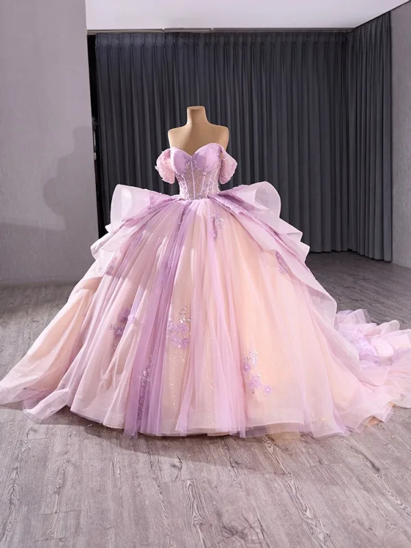 Haut de Gamme Charmant Rougissant Rose Perlage Perle Paillettes Robe De Bal 2025 Robe Boule De l'épaule Manches Courtes Dos Nu Noeud Chapel Train Promo