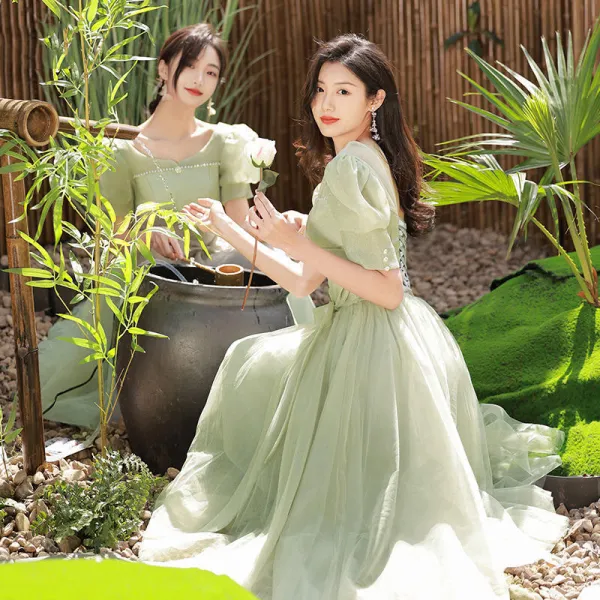 Modest / Simple Sage Green Bridesmaid Dresses 2022 A-Line / Princess Short Sleeve Backless Bow Sash Tea-length Bridesmaid Dresses