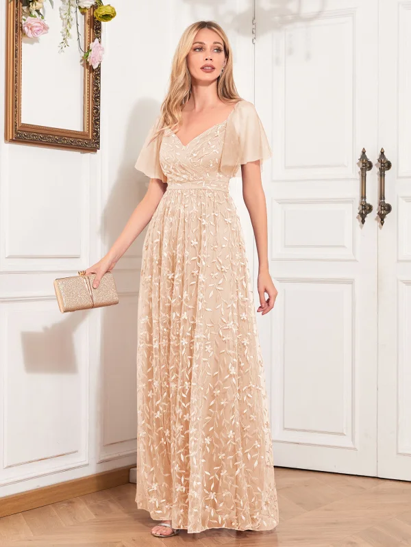 Chic / Beautiful Candy Pink Lace Flower Evening Dresses 2024 A-Line / Princess V-Neck Short Sleeve Backless Floor-Length / Long Evening Party Formal Dresses