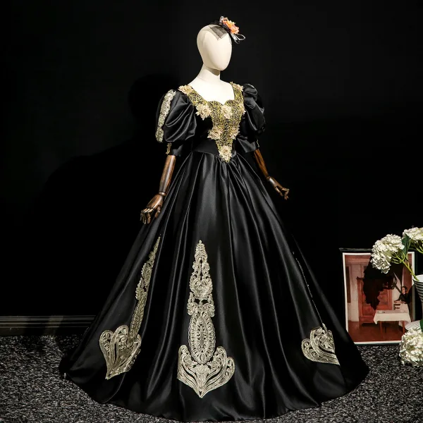 Vintage / Retro Black Satin Lace Flower Prom Dresses 2025 Ball Gown Square Neckline Puffy Short Sleeve Backless Floor-Length / Long Prom Formal Dresses