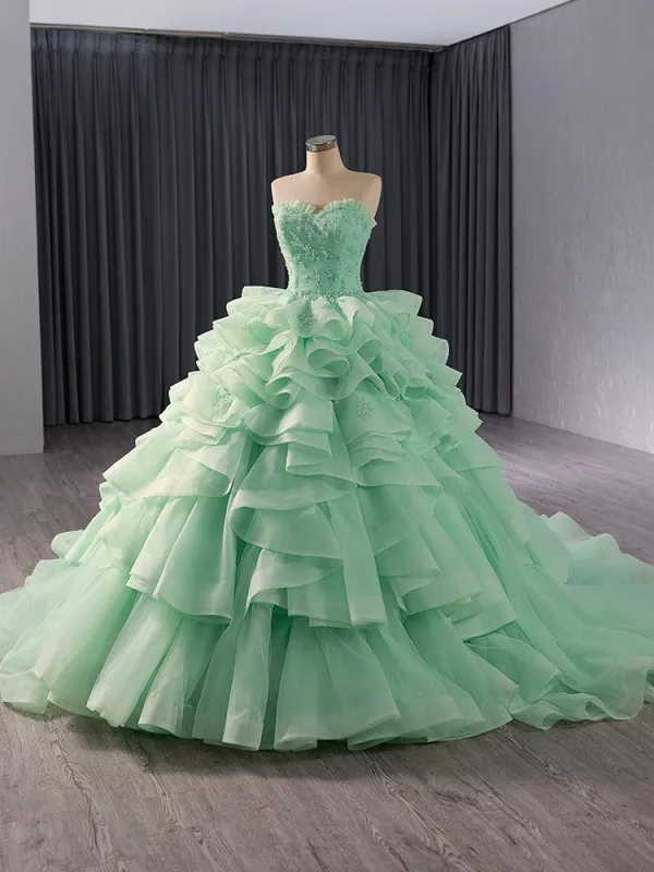 High-end Sage Green Beading Pearl Sequins Cascading Ruffles Prom Dresses 2024 Ball Gown Strapless Sleeveless Backless Chapel Train Prom Formal Dresses