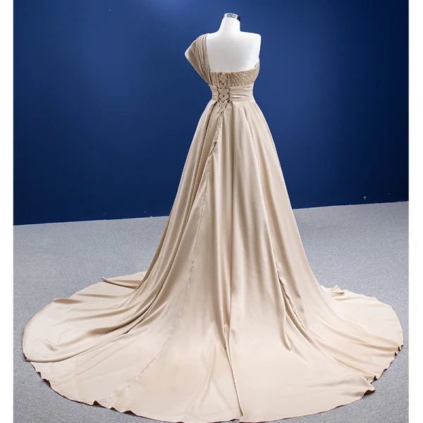 Haut de Gamme Kaki Perlage Paillettes Satin Robe De Soirée 2022 Trompette / Sirène Une épaule Sans Manches Dos Nu Chapel Train Soirée Robe De Ceremonie