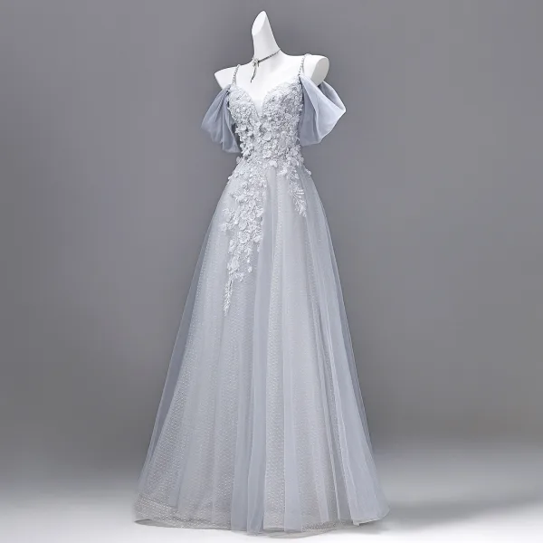 Flower Fairy Prom Dresses Grey Sequins Appliques Prom Dresses 2026 A-Line / Princess Spaghetti Straps Short Sleeve Backless Floor-Length / Long Formal Dresses