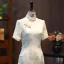 Chinese style Ivory Glitter Printing Evening Party Silk Tea-length Cheongsam / Qipao 2024 Trumpet / Mermaid High Neck Short Sleeve