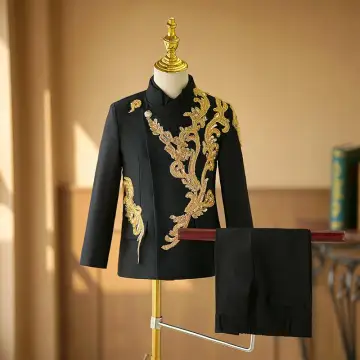 Estilo Chino Negro Rebordear Con Encaje Flor 2 Piezas Trajes Para Niños 2024 Manga Larga Abrigos Pantalones
