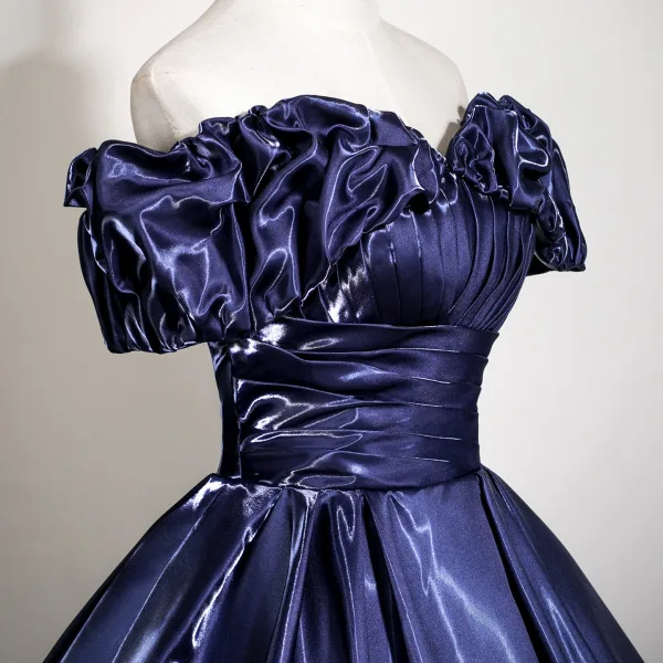 Vintage / Retro Navy Blue Prom Dresses 2025 Ball Gown Off-The-Shoulder Short Sleeve Backless Floor-Length / Long Prom Formal Dresses