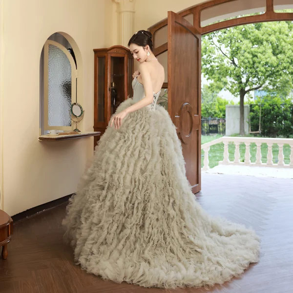 Charming Pleated Sage Green Prom Dresses 2023 Ball Gown Strapless Sleeveless Backless Court Train Prom Formal Dresses