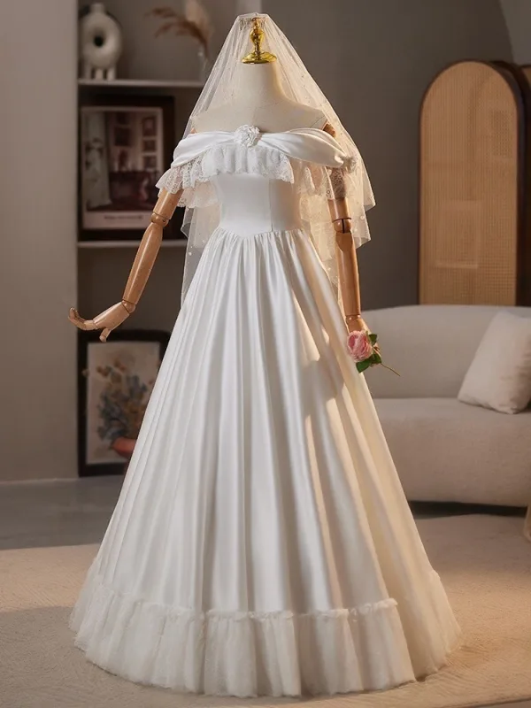 Vintage Retro White Lace Flower Satin Wedding Dresses 2025 A-Line Princess Sleeveless Vintage Retro White Lace Flower Satin Wedding Dresses 2025 A-Line Princess Sleeveless