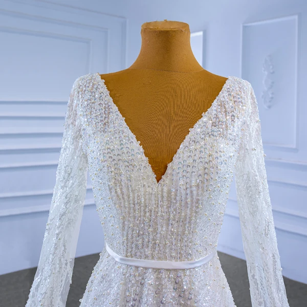 High End Weiß Perlenstickerei Pailletten Brautkleider / Hochzeitskleider 2022 A Linie Stoffgürtel V-Ausschnitt Lange Ärmel Rückenfreies Hof-Schleppe Hochzeit