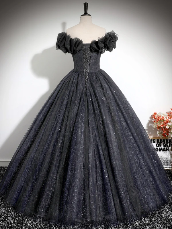 Chic / Beautiful Black Glitter Prom Dresses 2024 Ball Gown Off-The-Shoulder Short Sleeve Backless Floor-Length / Long Prom Formal Dresses