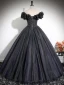 Chic / Beautiful Black Glitter Prom Dresses 2024 Ball Gown Off-The-Shoulder Short Sleeve Backless Floor-Length / Long Prom Formal Dresses
