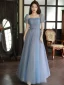 Simple Bleu Ciel Robe De Bal 2023 Princesse Encolure Carrée Manches Courtes Dos Nu Noeud Ceinture Longue Promo Robe De Ceremonie