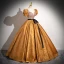 Elegant Gold Beading Sequins Prom Dresses 2024 Ball Gown Square Neckline Puffy Short Sleeve Backless Bow Sash Floor-Length / Long Prom Formal Dresses