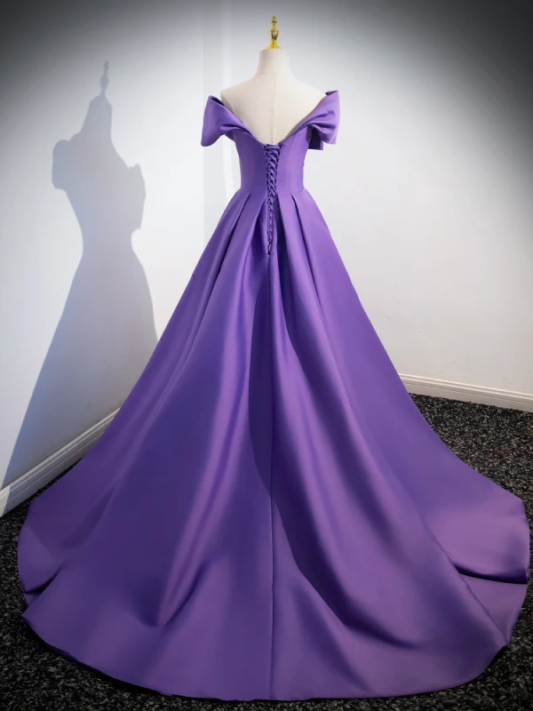 Elegant Grape Prom Dresses 2024 Ball Gown Off-The-Shoulder Short Sleeve Backless Sweep Train Prom Formal Dresses