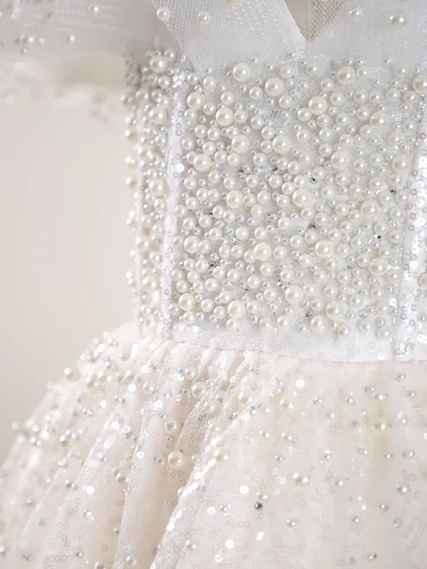 Bling Bling White Beading Pearl Sequins Wedding Flower Girl Dresses 2024 A-Line / Princess Scoop Neck Sleeveless Backless Floor-Length / Long Tulle